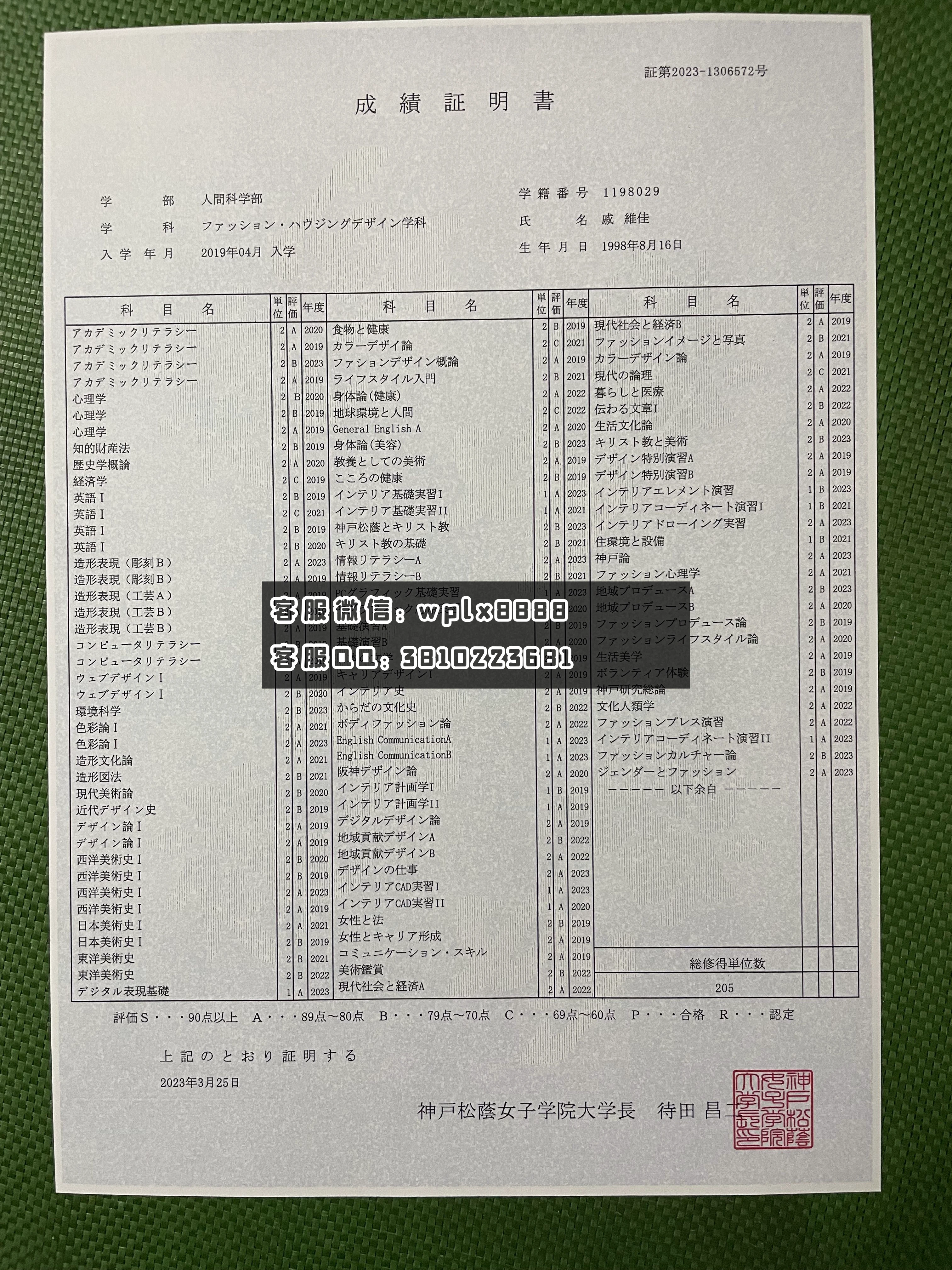 日本神戸松蔭女子学院大学 成绩单 成品