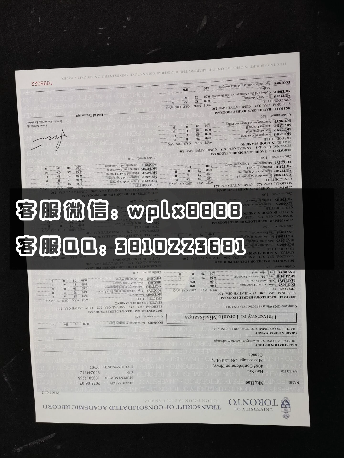 加拿大多伦多大学成绩单 成品1  0704