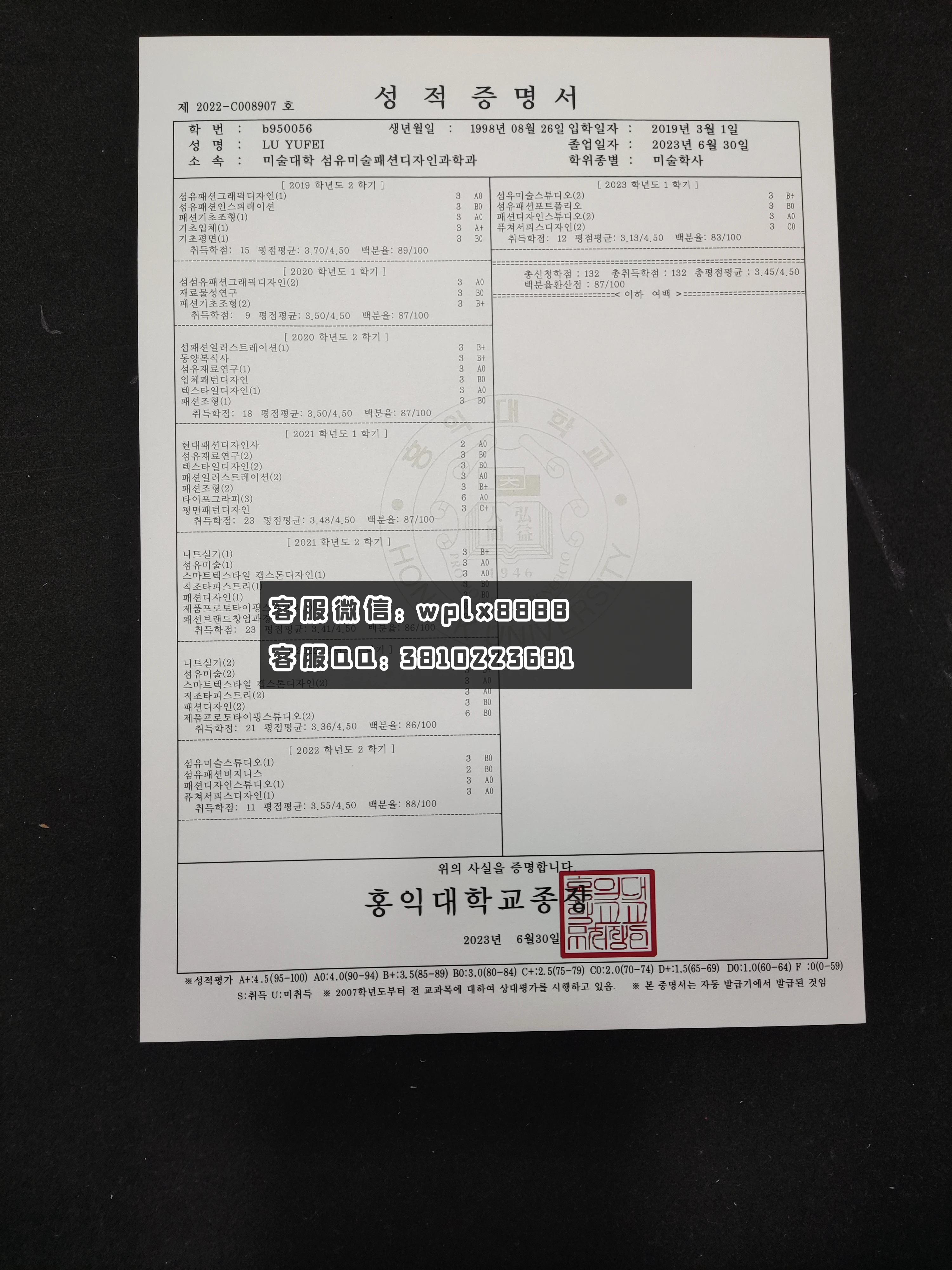 韩国弘毅大学成绩单 成品  LU YUFEI-T(2)