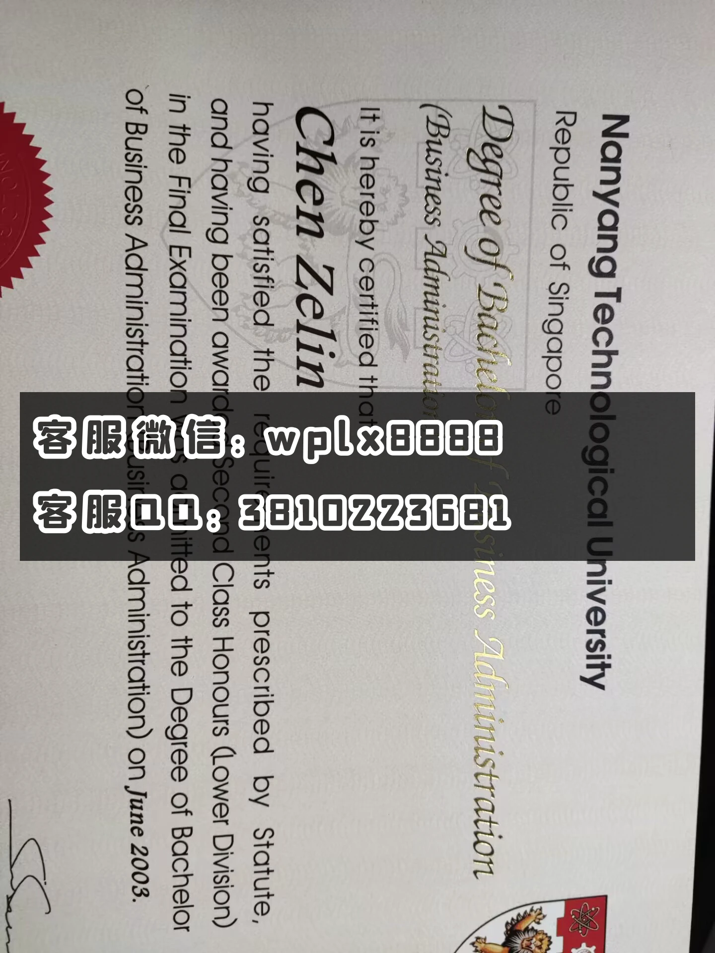 新加坡南洋理工大学毕业证  特写 2003年版本