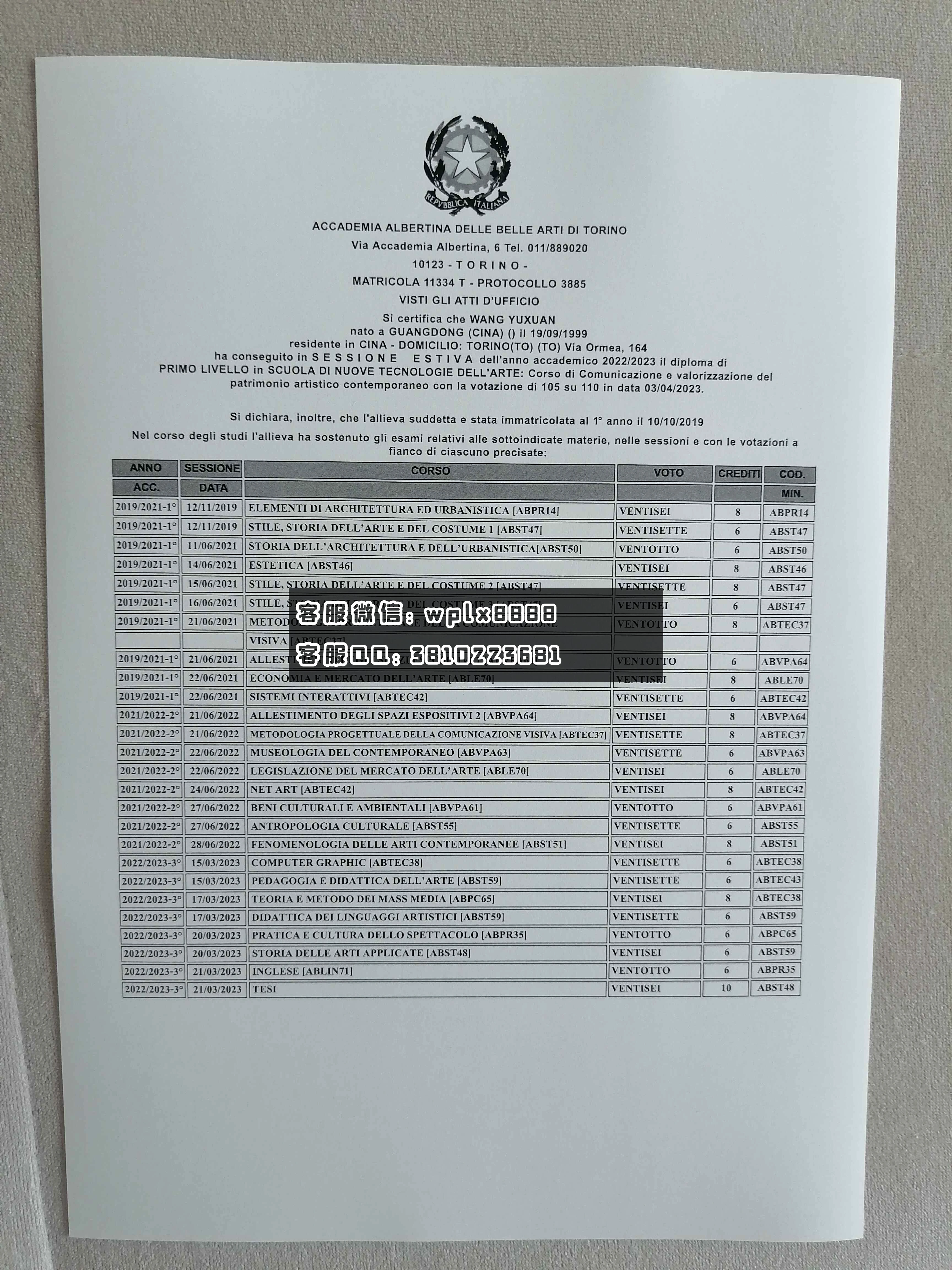 意大利都灵美院成绩单 成品1 0914