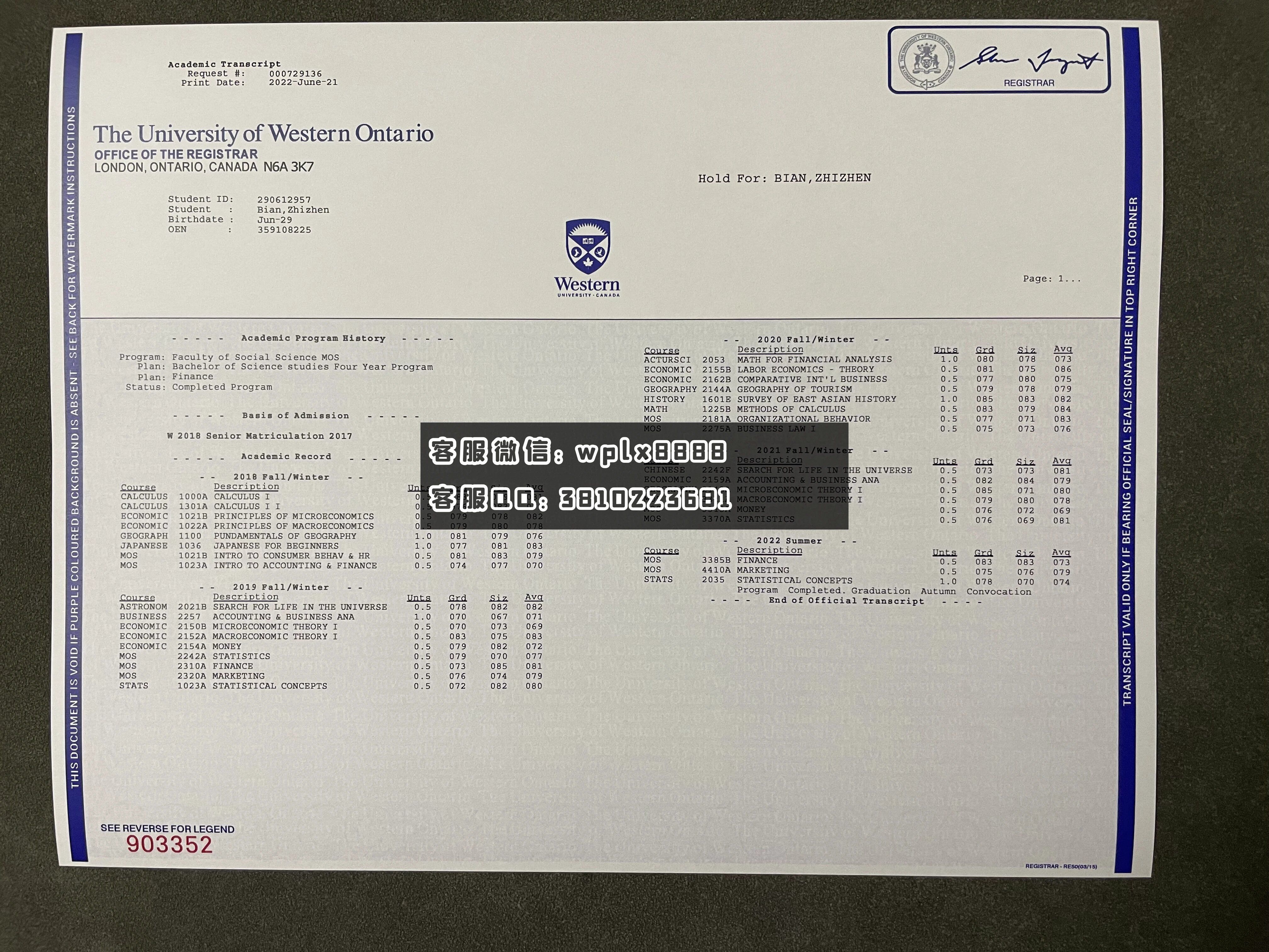 英国西安大略大学成绩单 成品