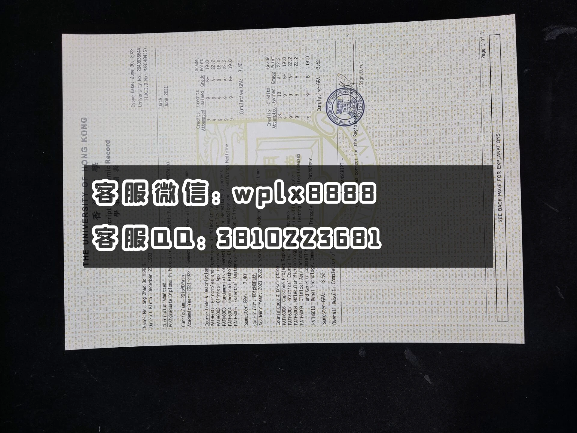 香港大学成绩单 进修版 成品