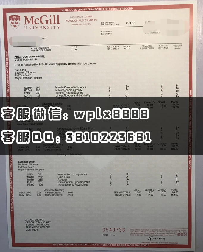 加拿大麦吉尔大学 成绩单