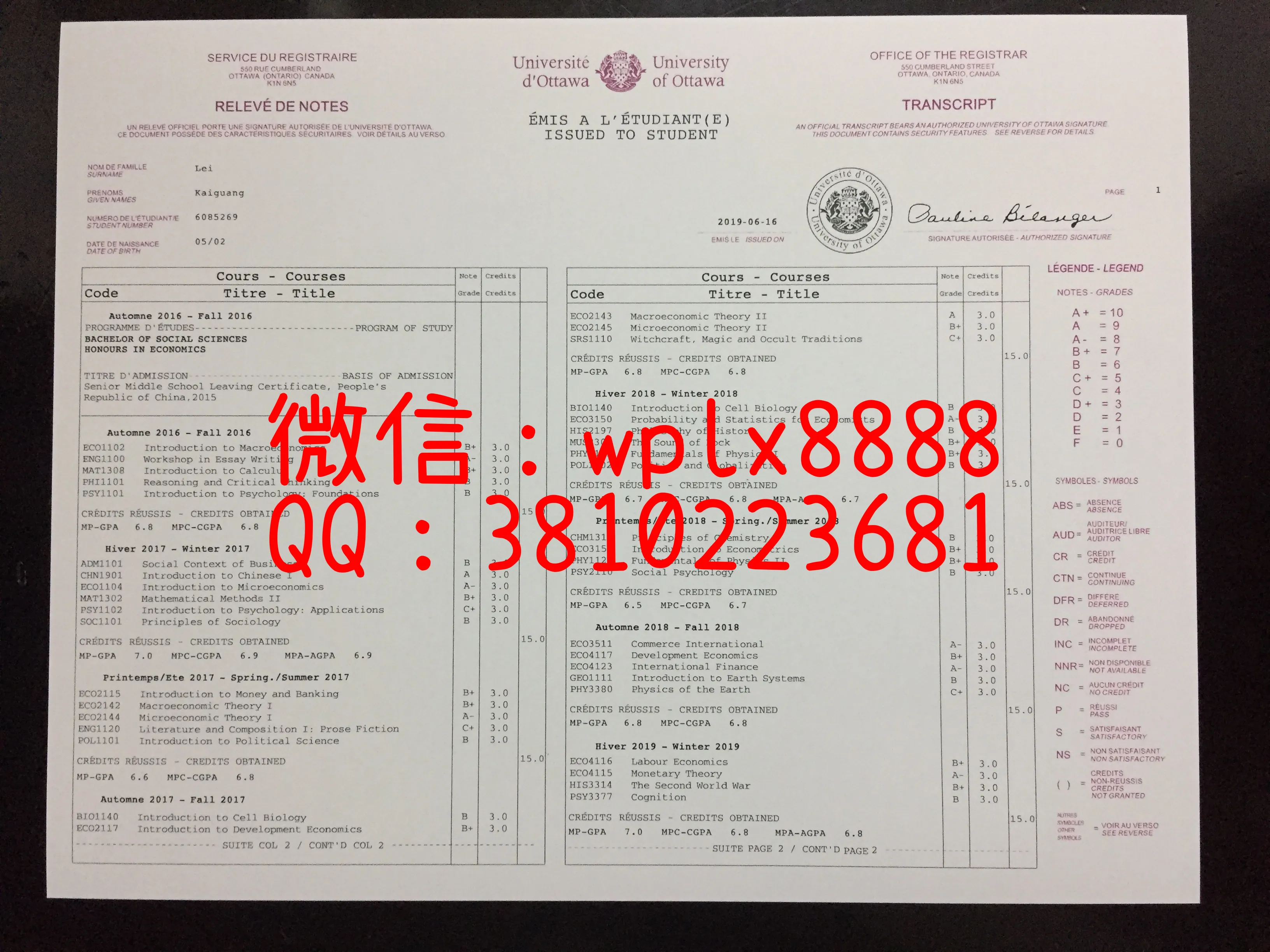 渥太华大学成绩单