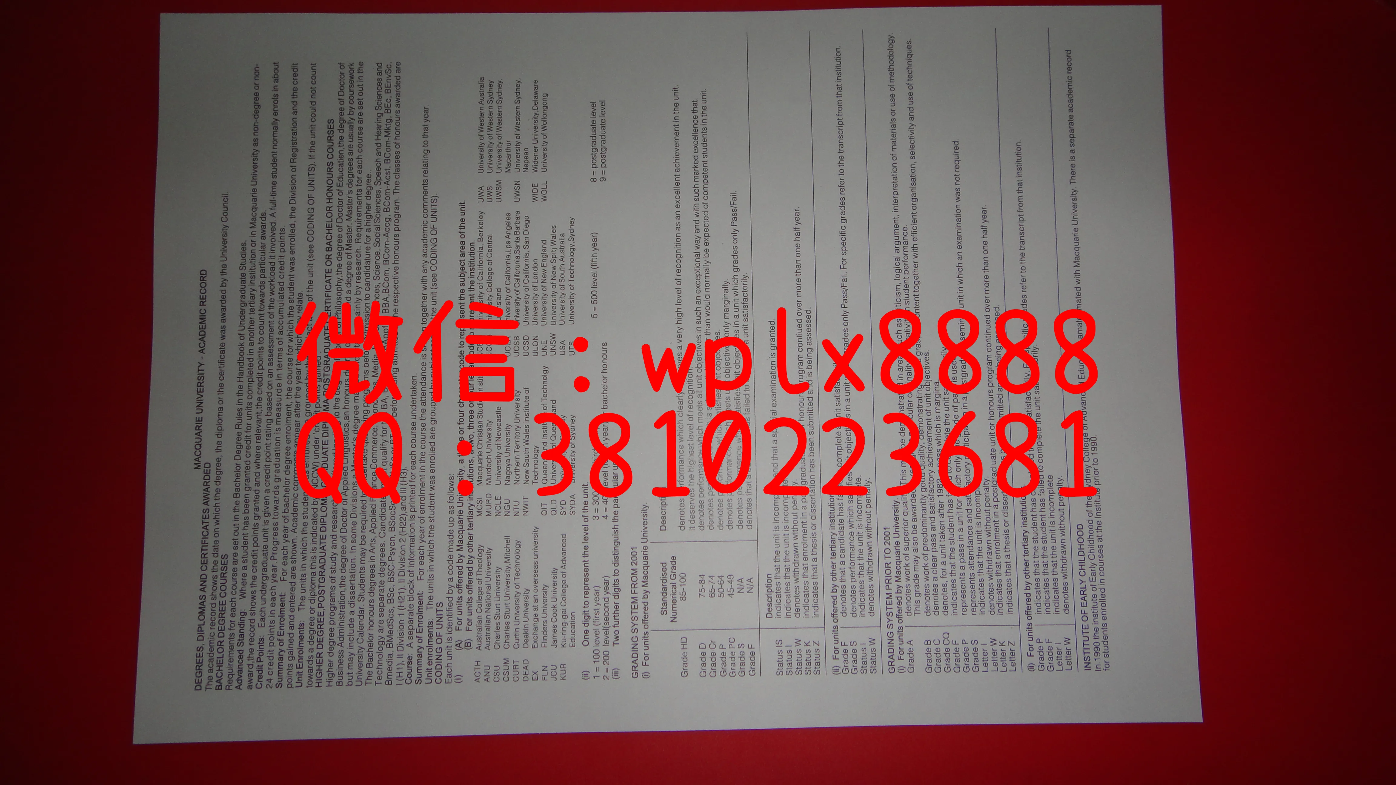 麦考瑞大学成绩单背面