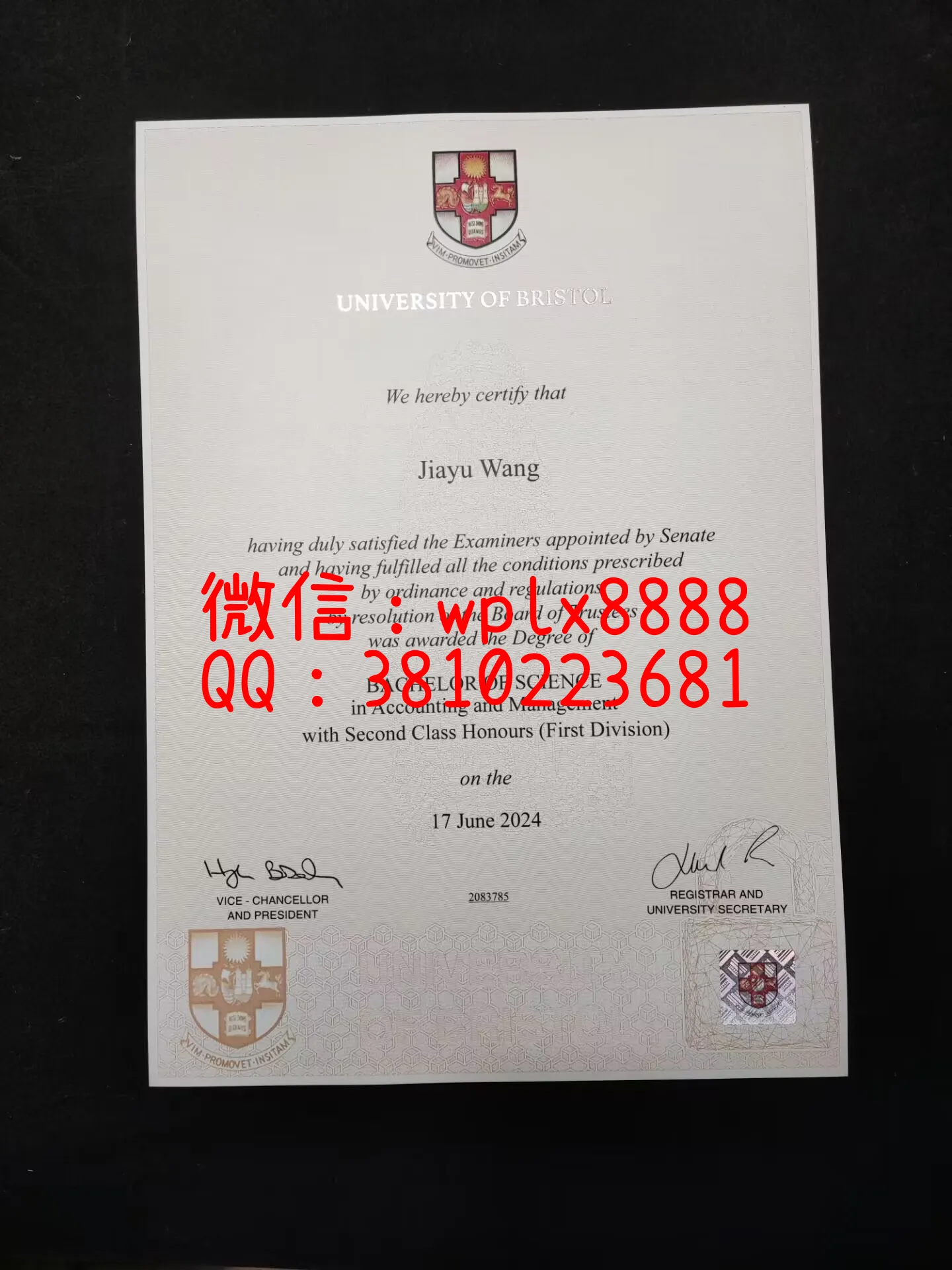 英国布里斯托大学毕业证-成品-JiaYu-Wang