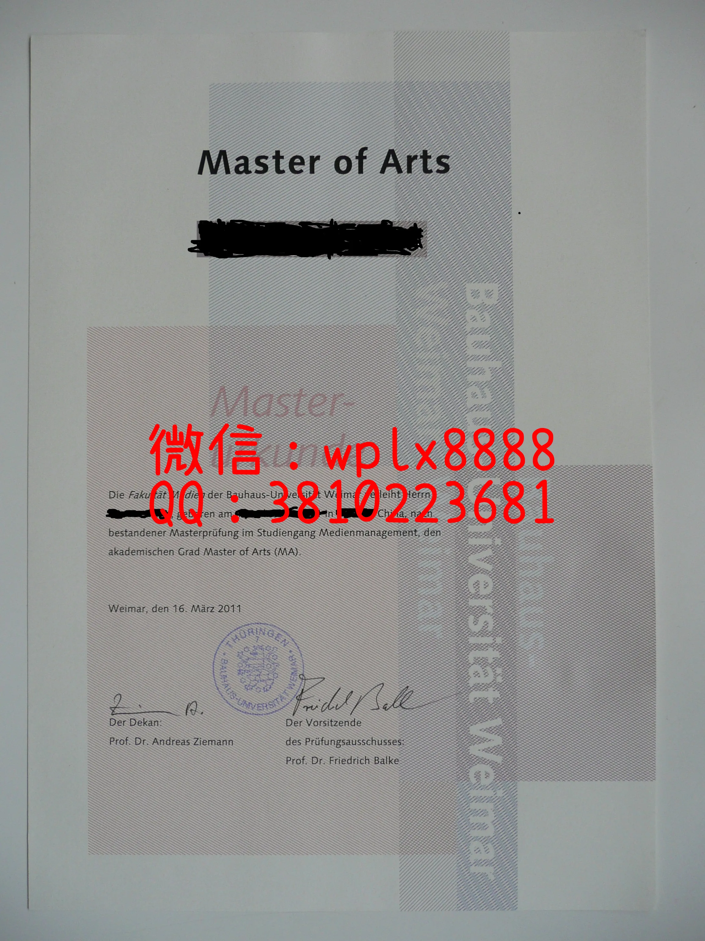 魏玛大学文凭实拍样本