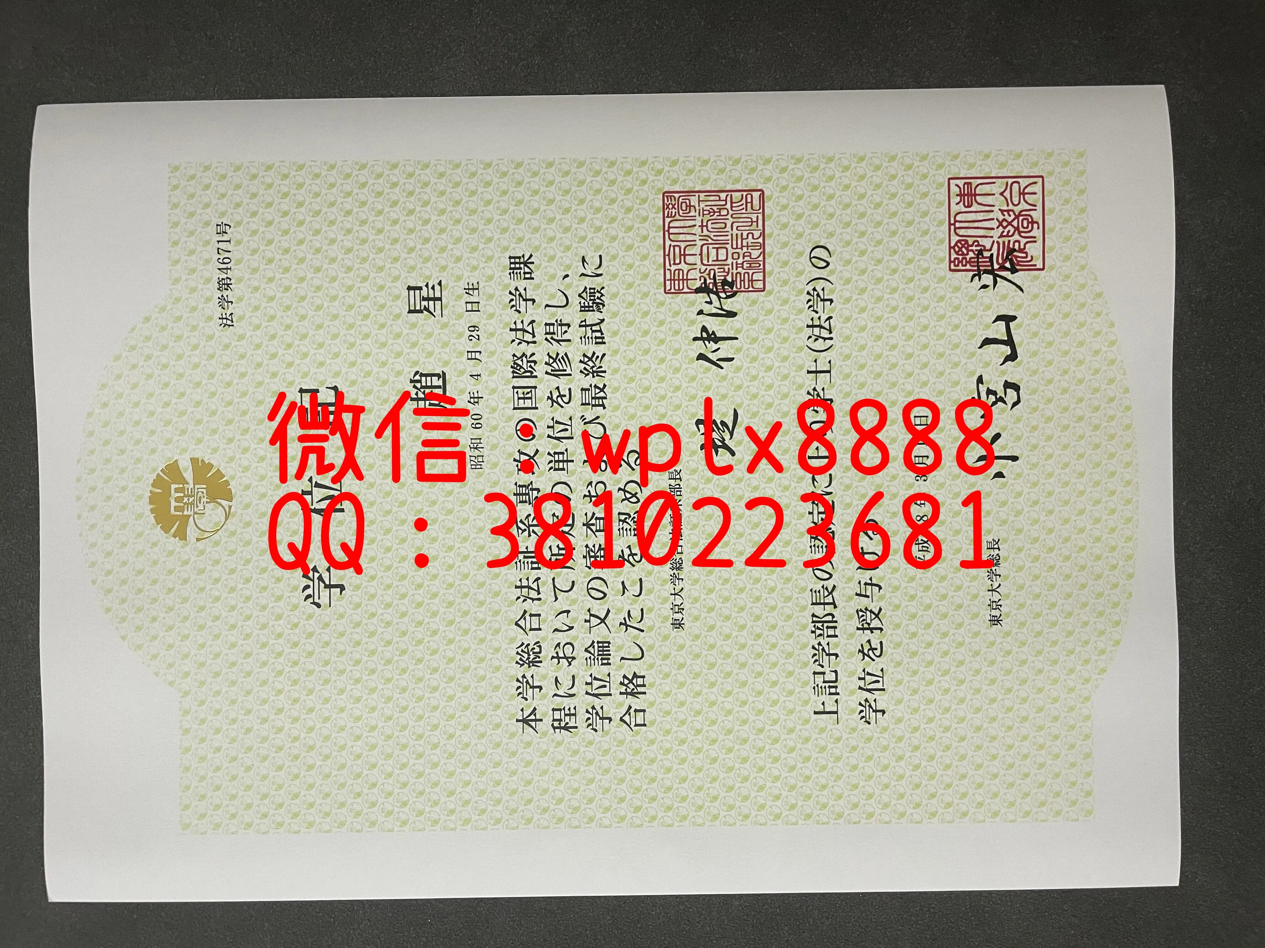 日本东京大学毕业证-学士本科样本-成品2