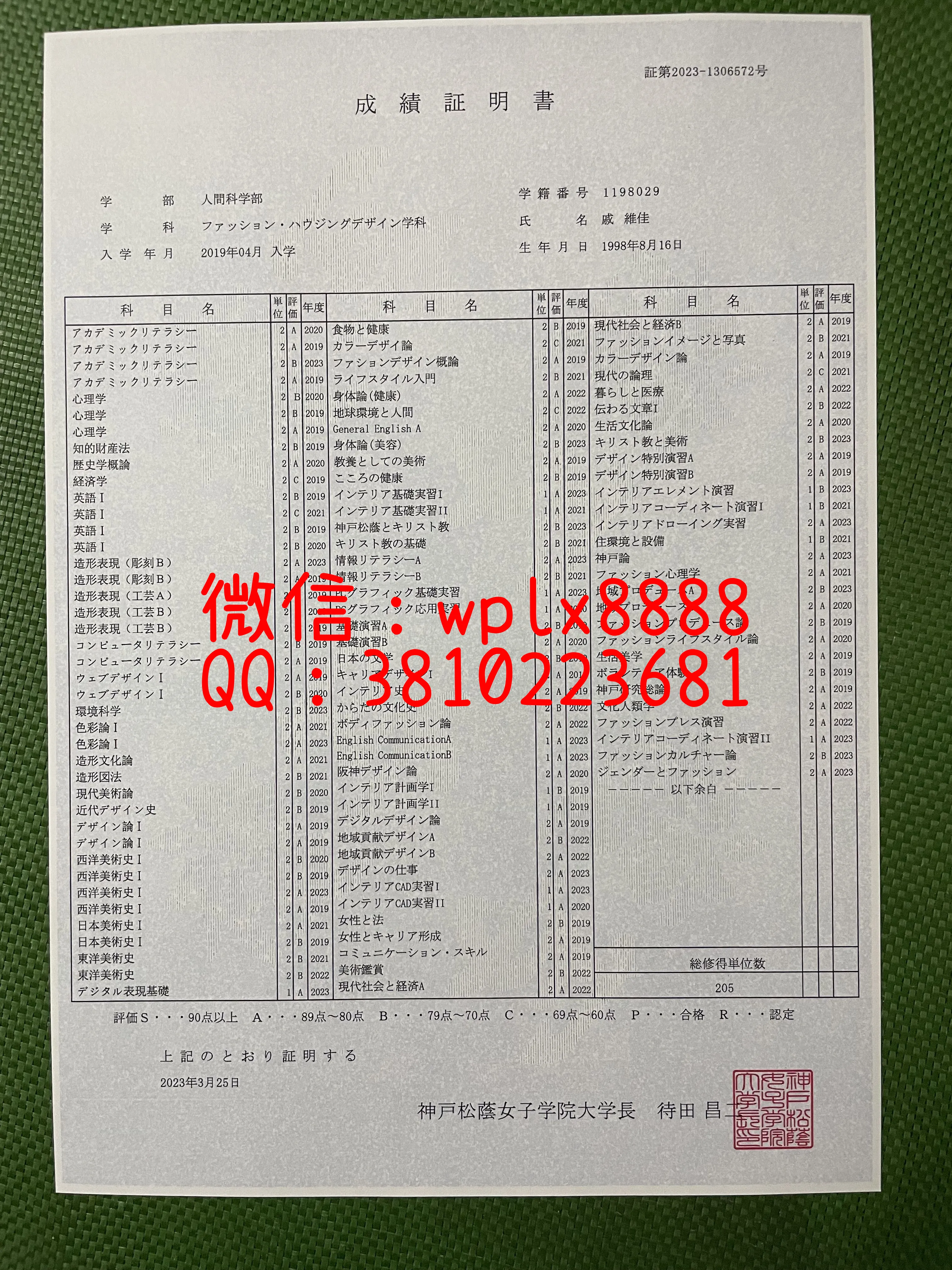 日本神戸松蔭女子学院大学-成绩单-成品