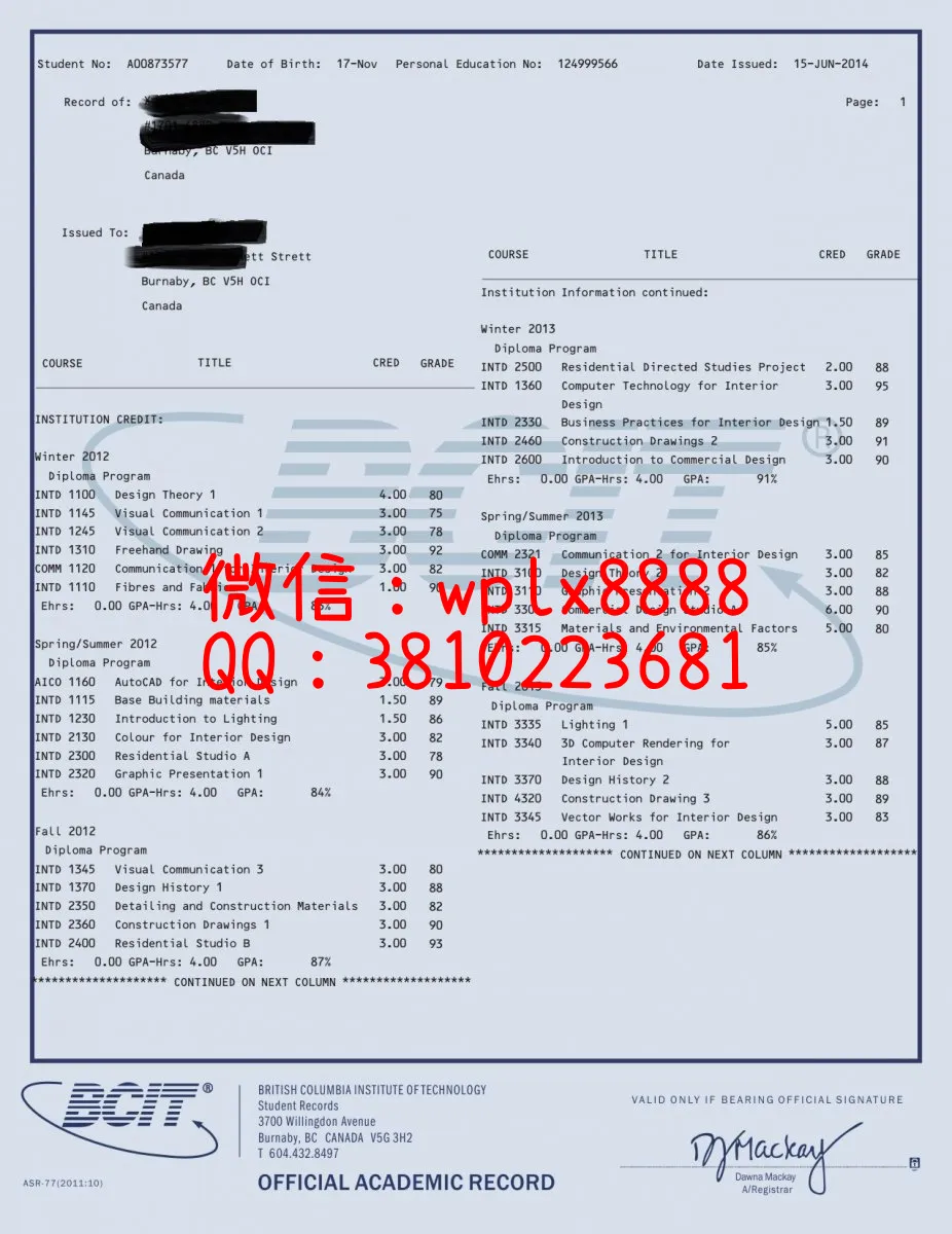 加拿大不列颠哥伦比亚理工大学成绩单