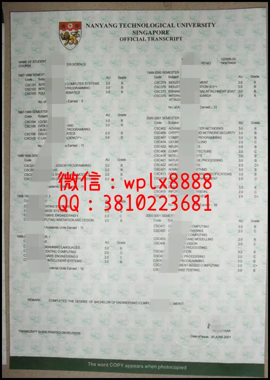 新加坡南洋理工大学[Nanyang-Technological-University]成绩单样本1_副本