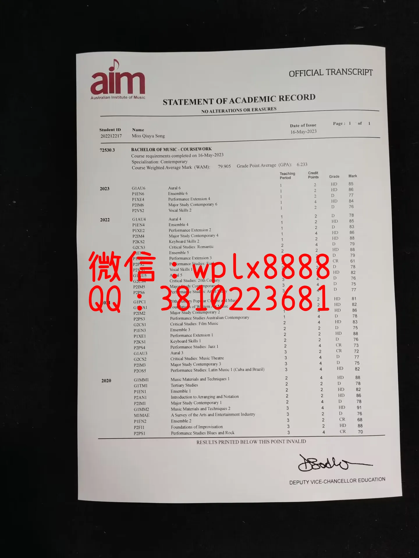 澳大利亚音乐学院成绩单-成品