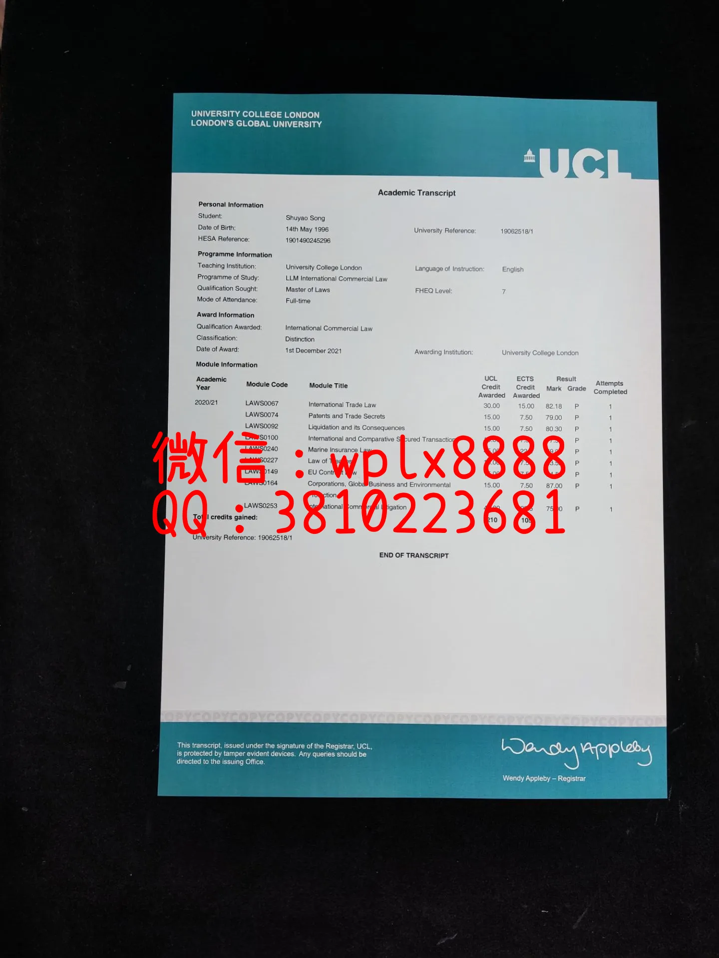 伦敦大学学院成绩单-成品