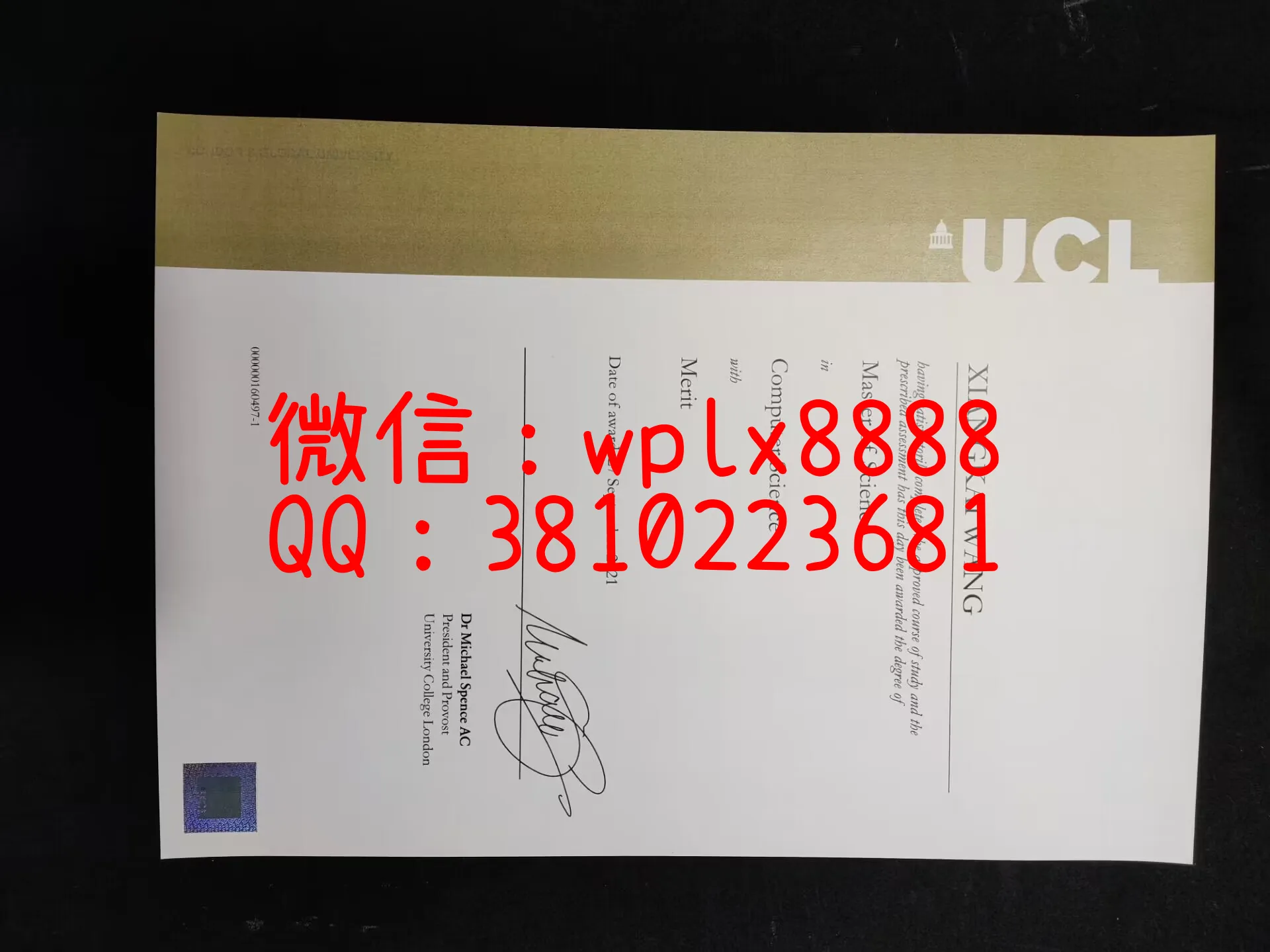 伦敦大学学院毕业证书-成品-Xiangkai-Wang-C