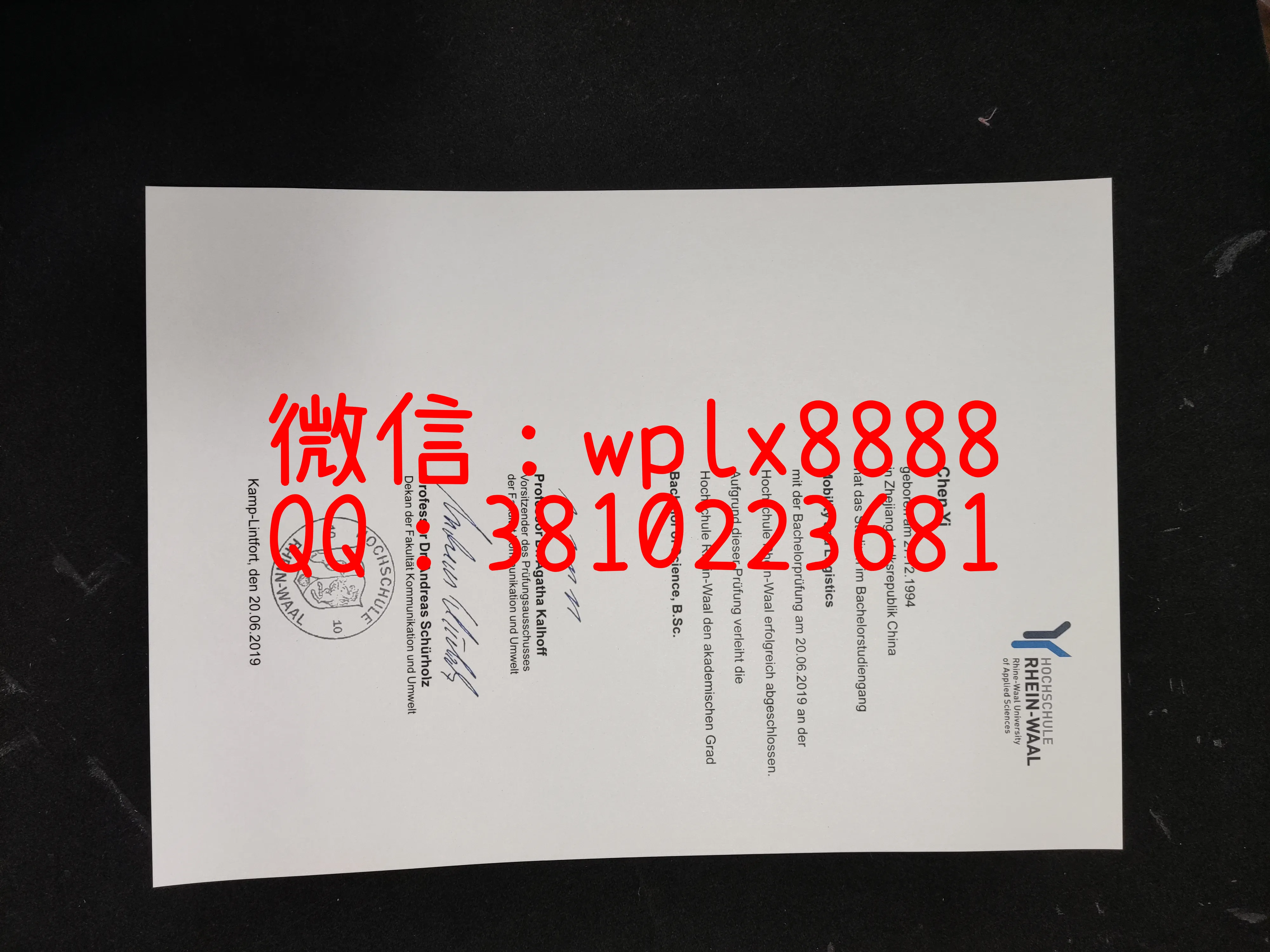 德国莱茵瓦尔应用技术大学毕业证书-成品