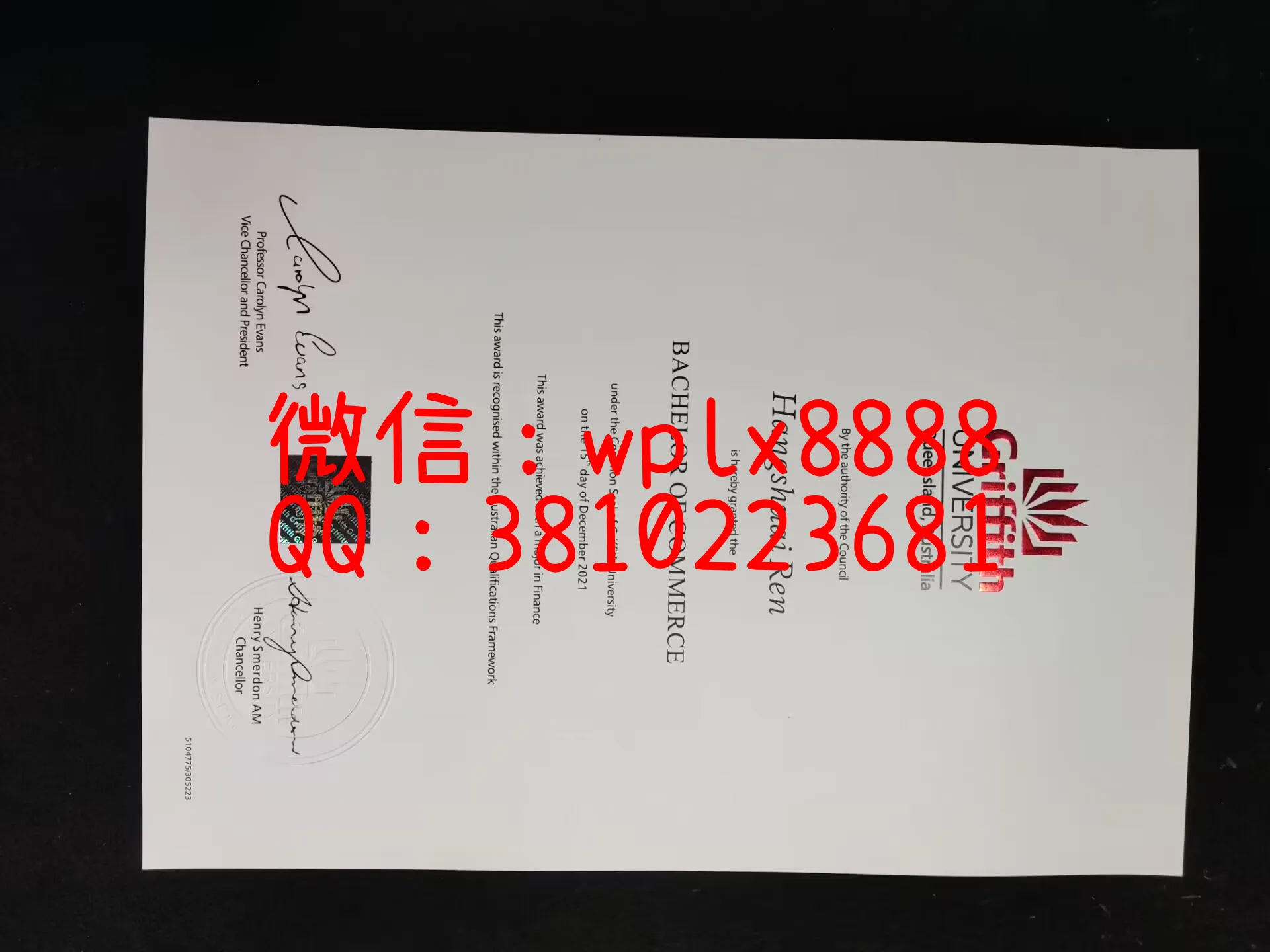 英国格里菲斯大学毕业证-成品Hangshuai-Ren-C(1)