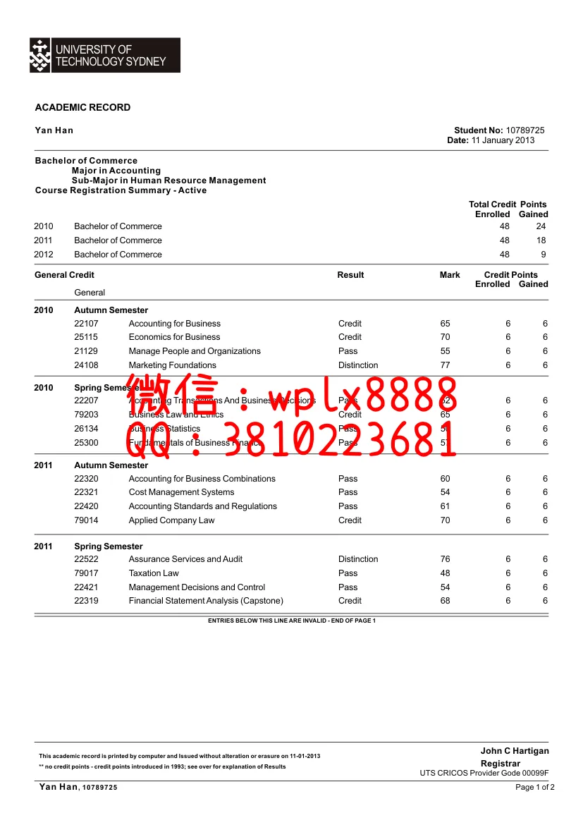 澳大利亚悉尼科技大学成绩单1(1)