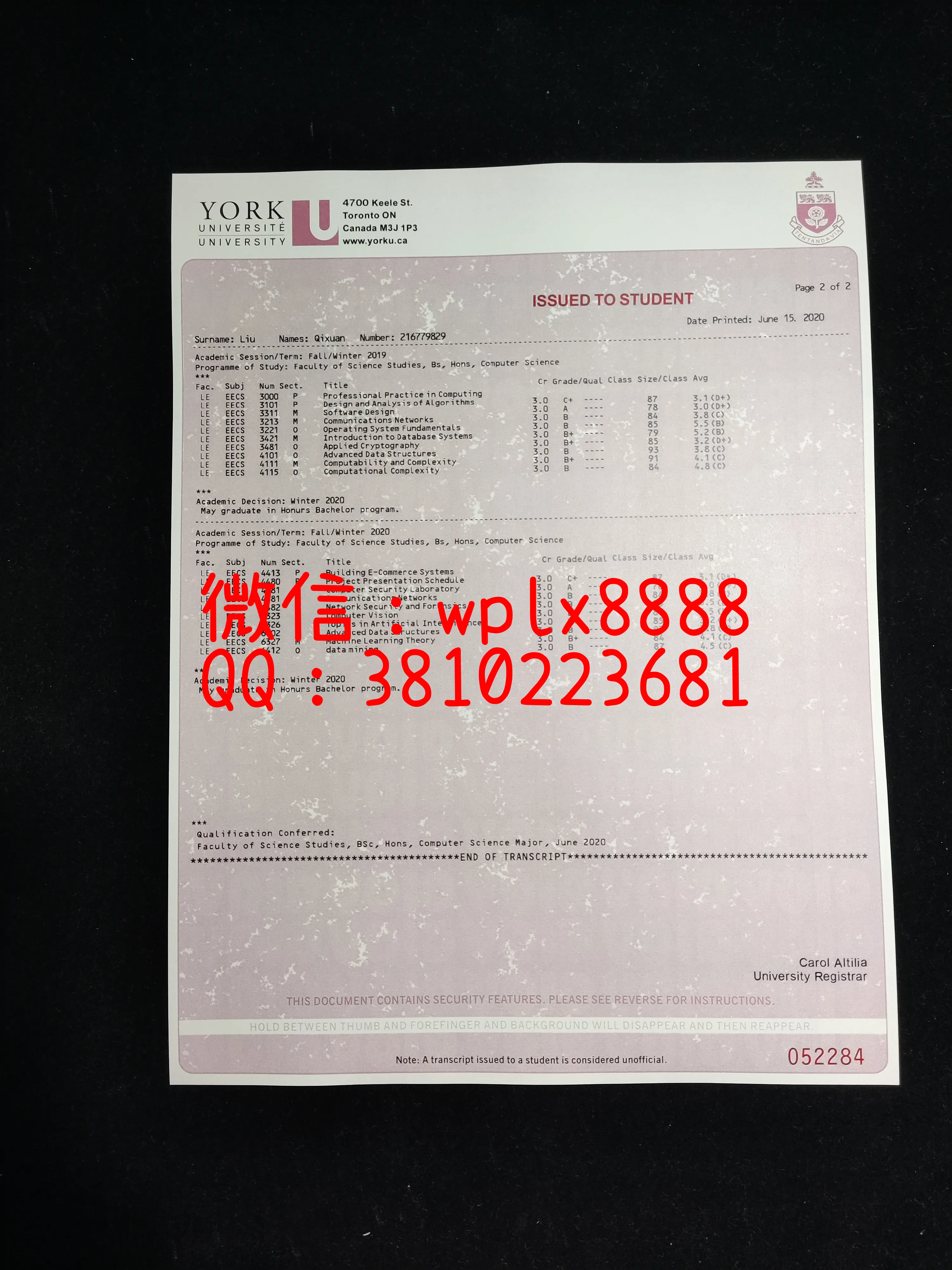 加拿大约克大学成绩单-成品2页