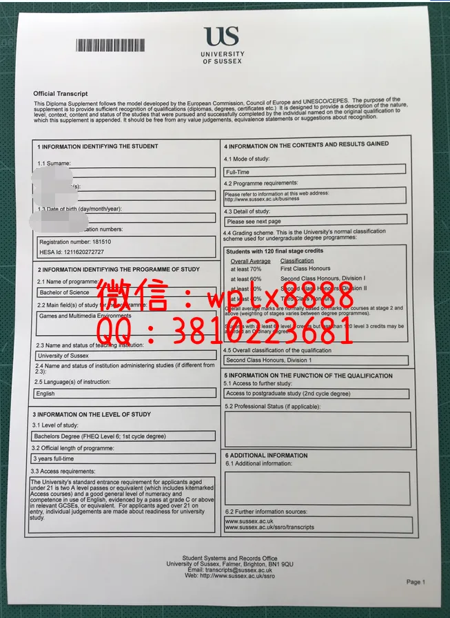 英国萨塞克斯大学成绩单