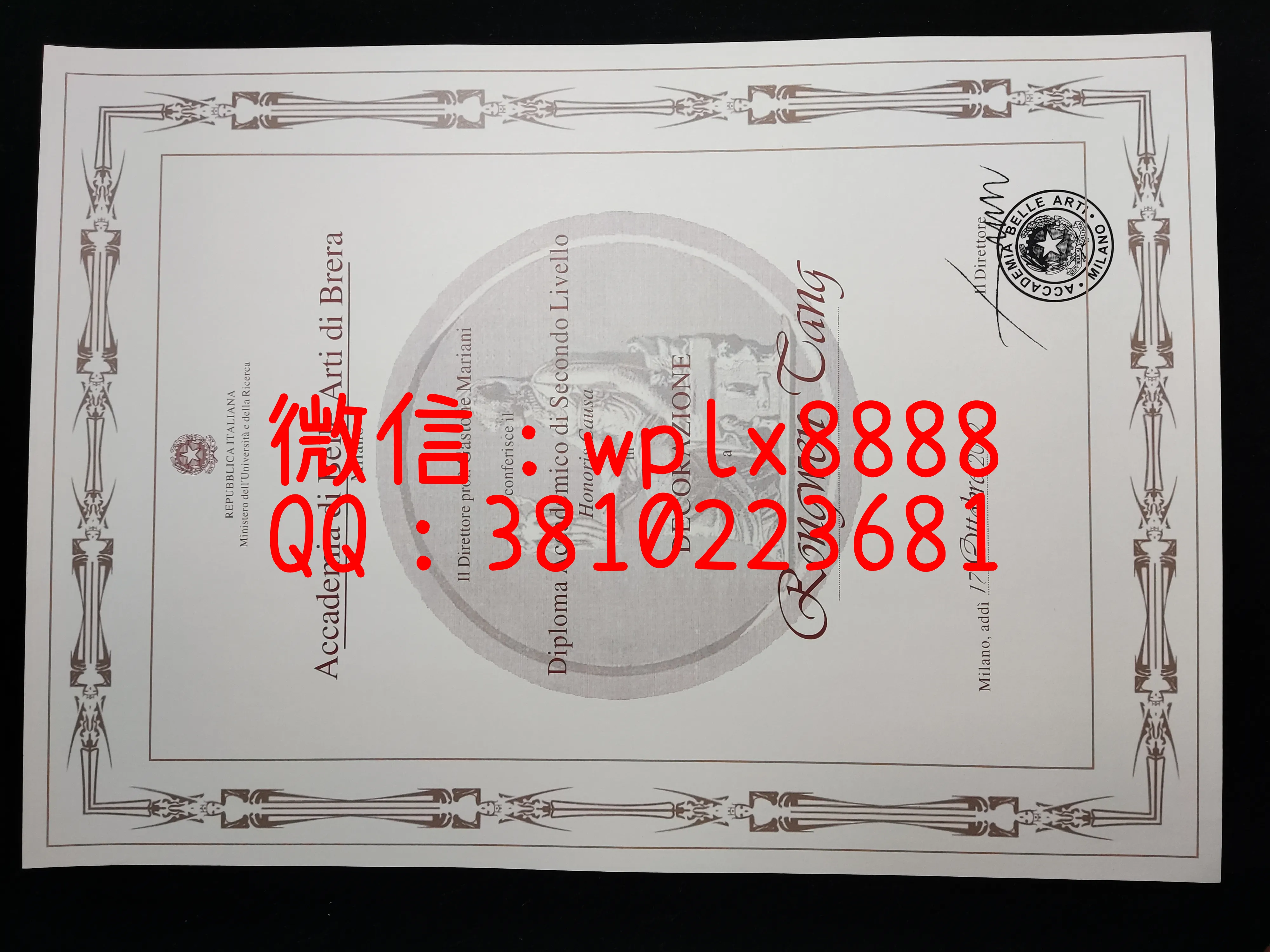 意大利米兰布雷拉美术学院毕业证-成品Rongwen-Tang-C