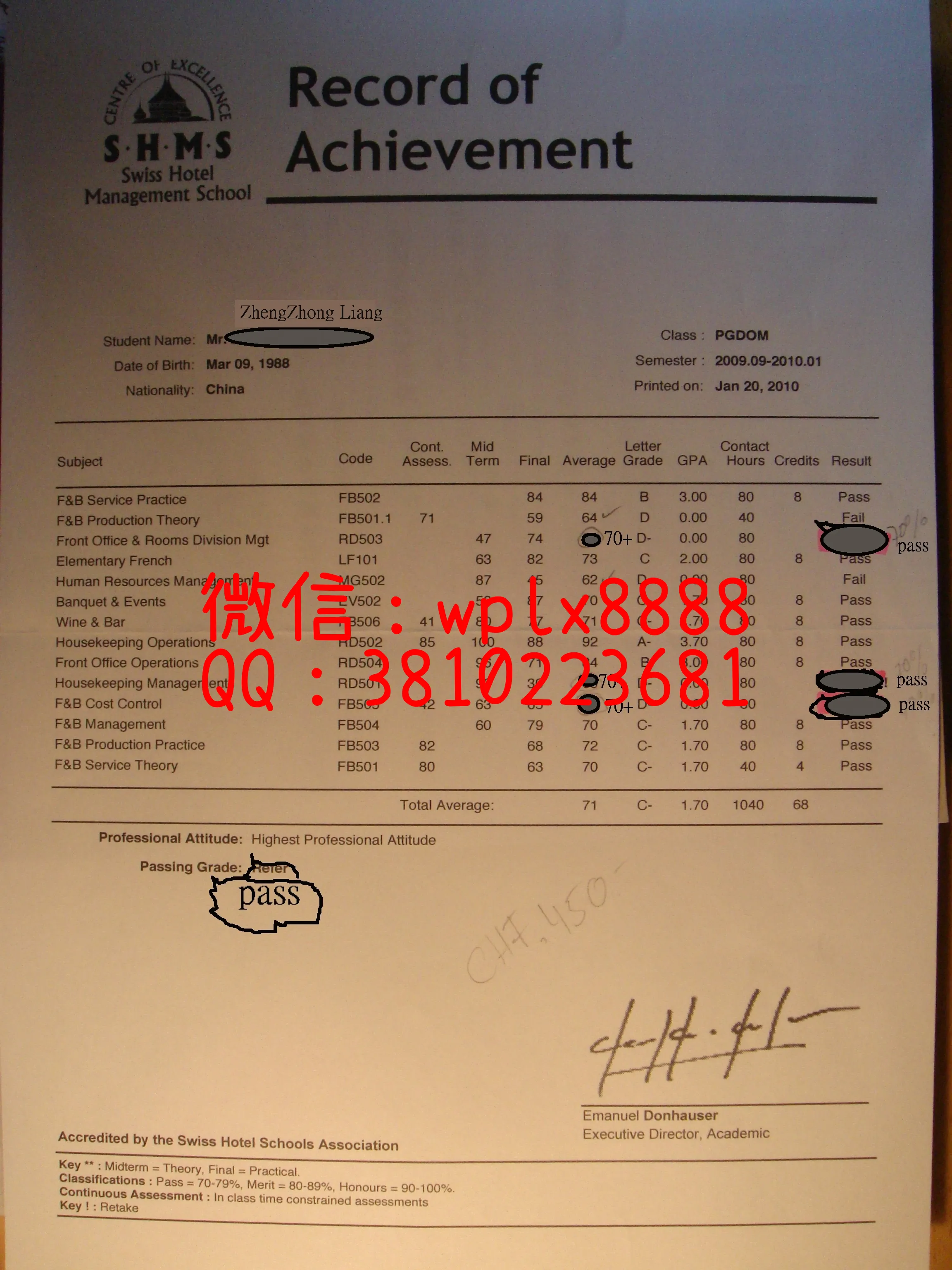 瑞士酒店管理学院成绩单