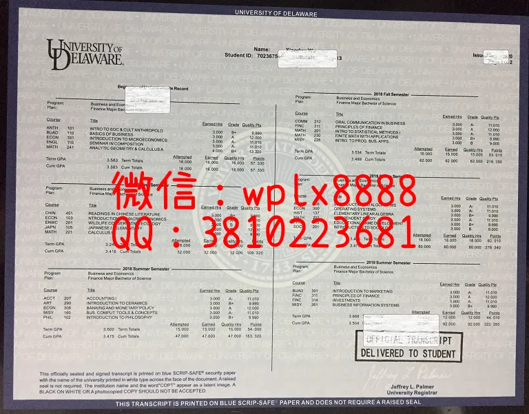 特拉华大学成绩单样本