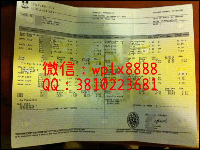 曼尼托巴大学原版成绩单_副本