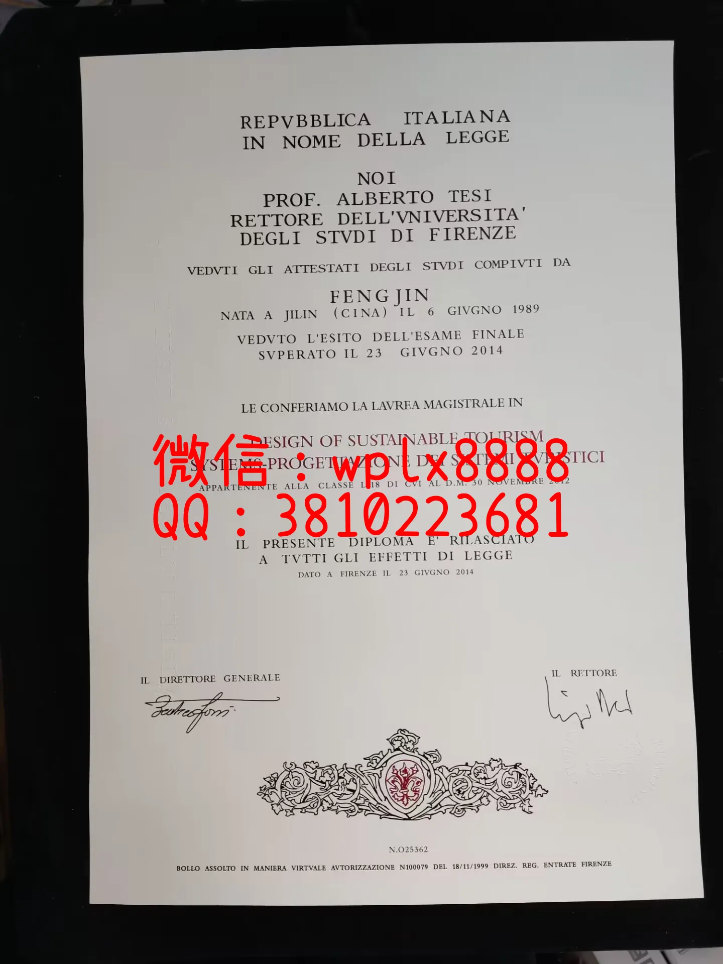 意大利佛罗伦萨大学毕业证-成品-Feng-Jin-C(3)