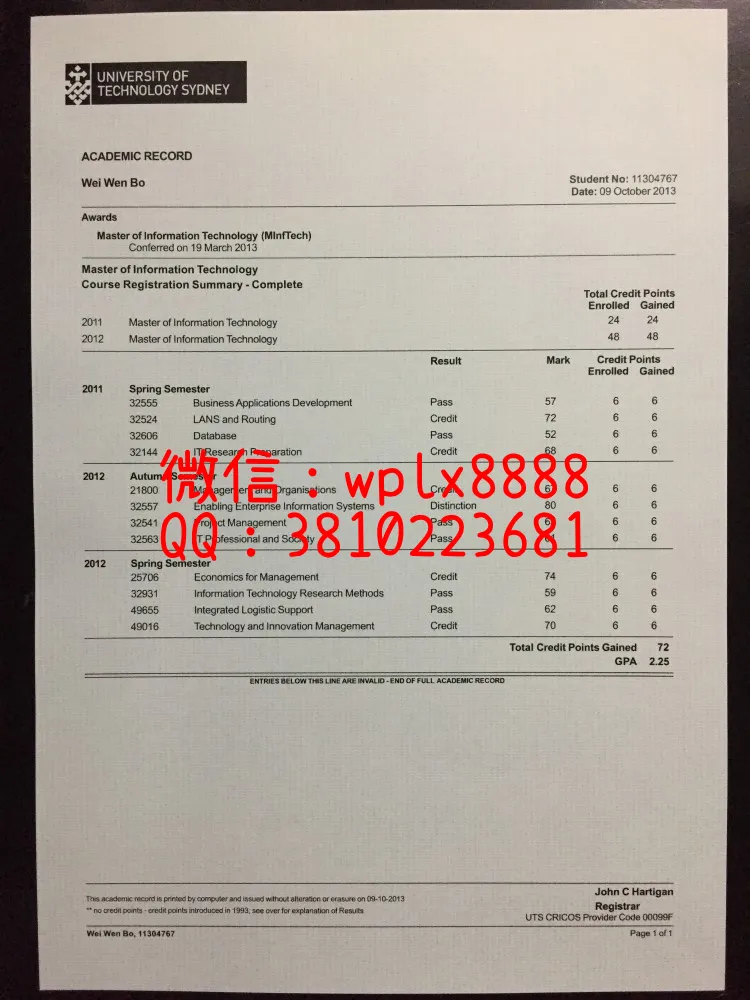 悉尼科技大学成绩单