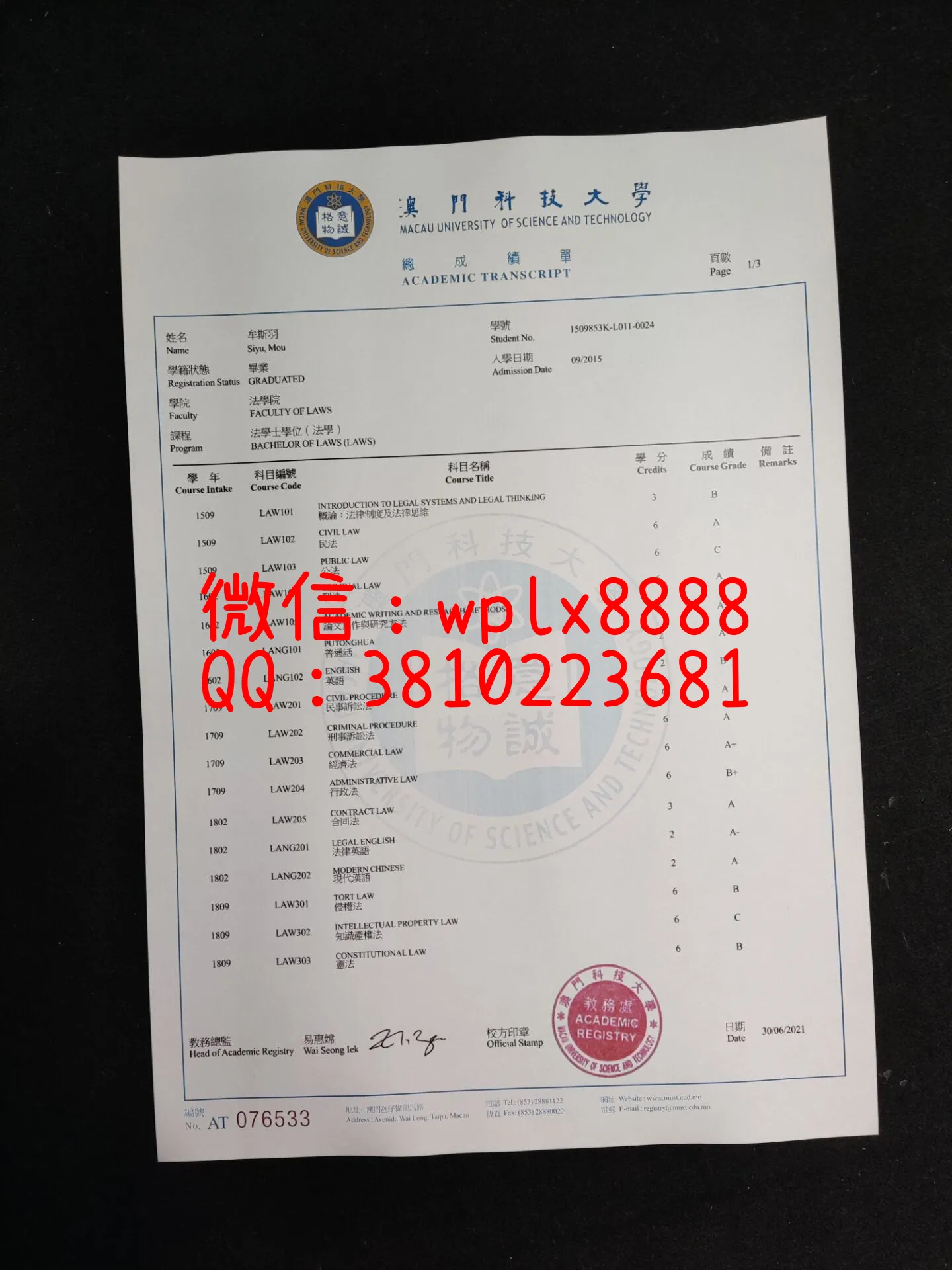 澳门科技大学成绩单-成品10405