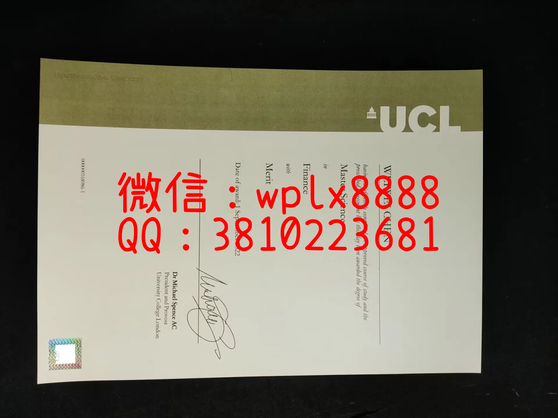 英国伦敦大学学院毕业证-成品-Weiwei-Chen-C