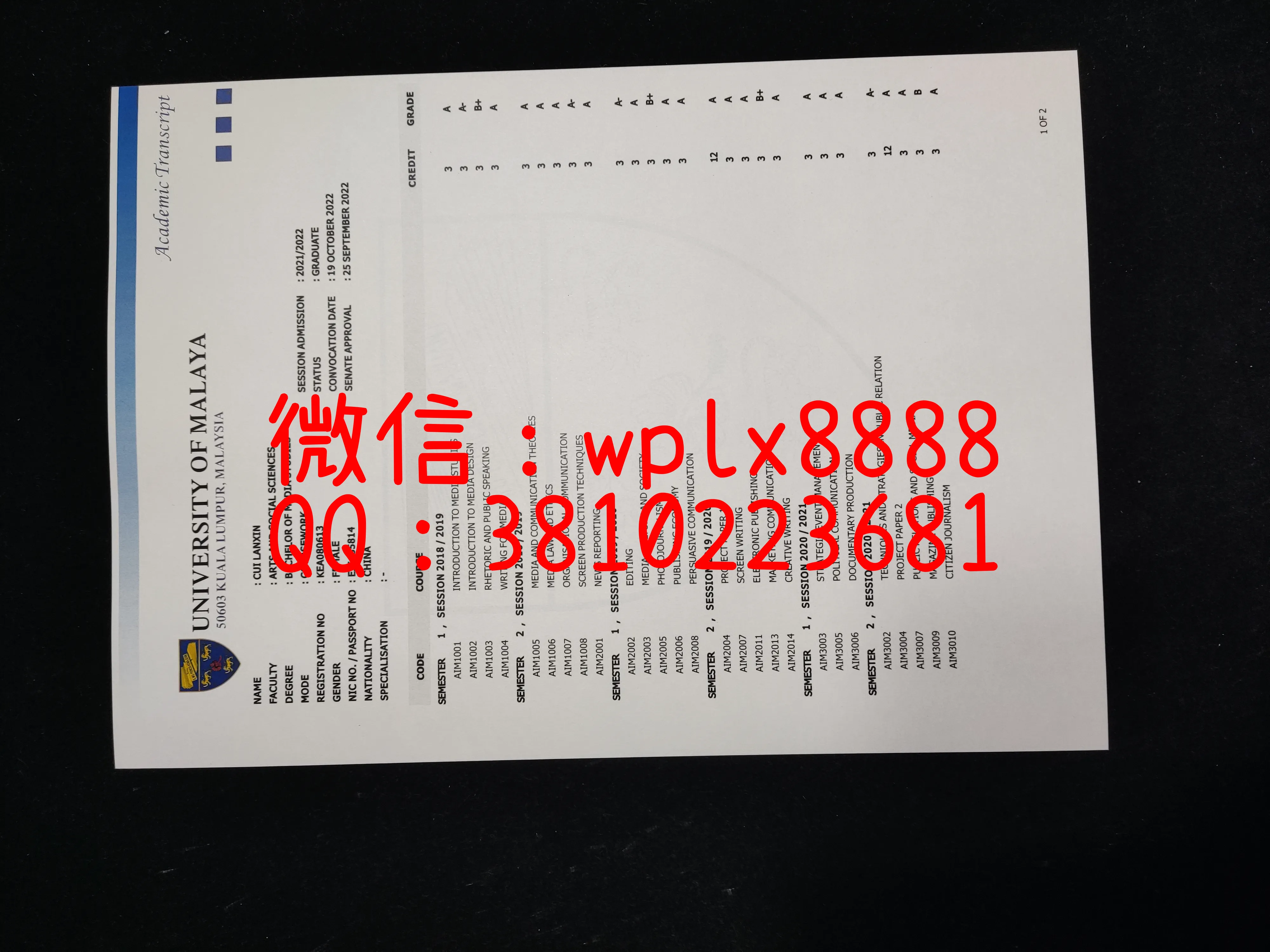 马来亚大学成绩单-成品11010