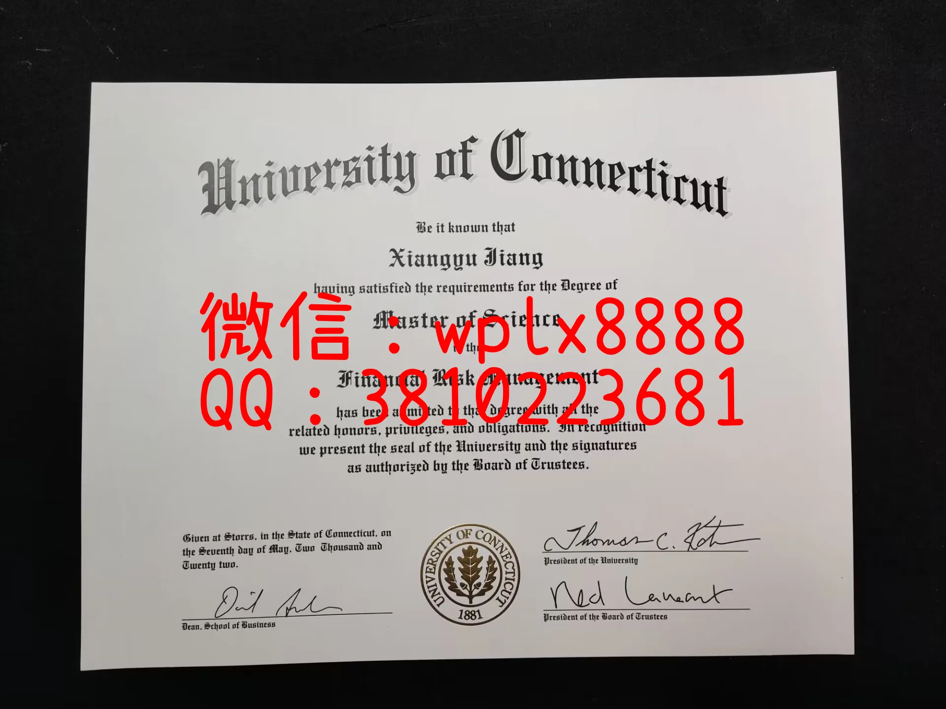 美国康涅狄格大学毕业证-成品Xiangyu-Jiang-C