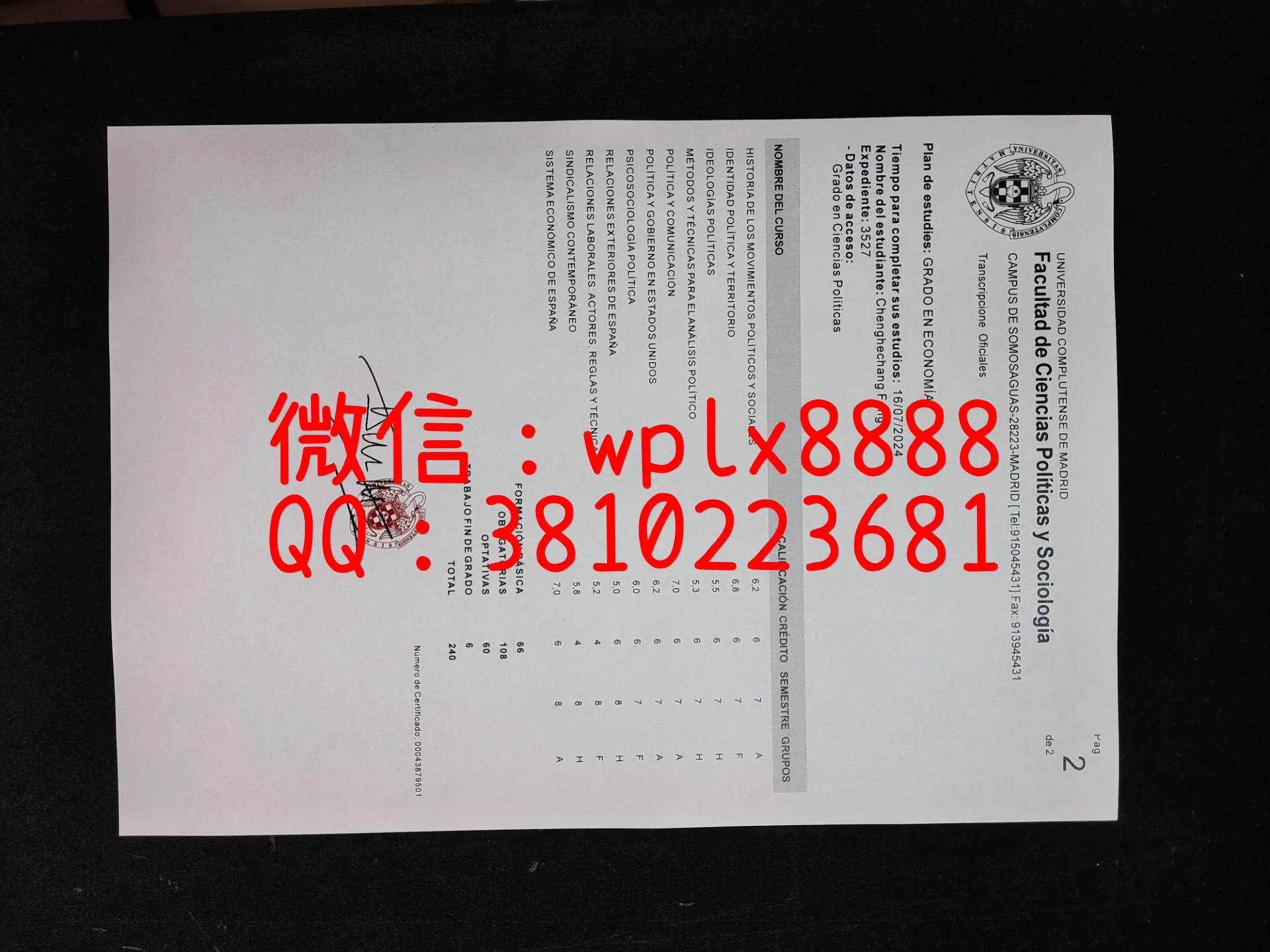 西班牙康普斯顿大学成绩单2