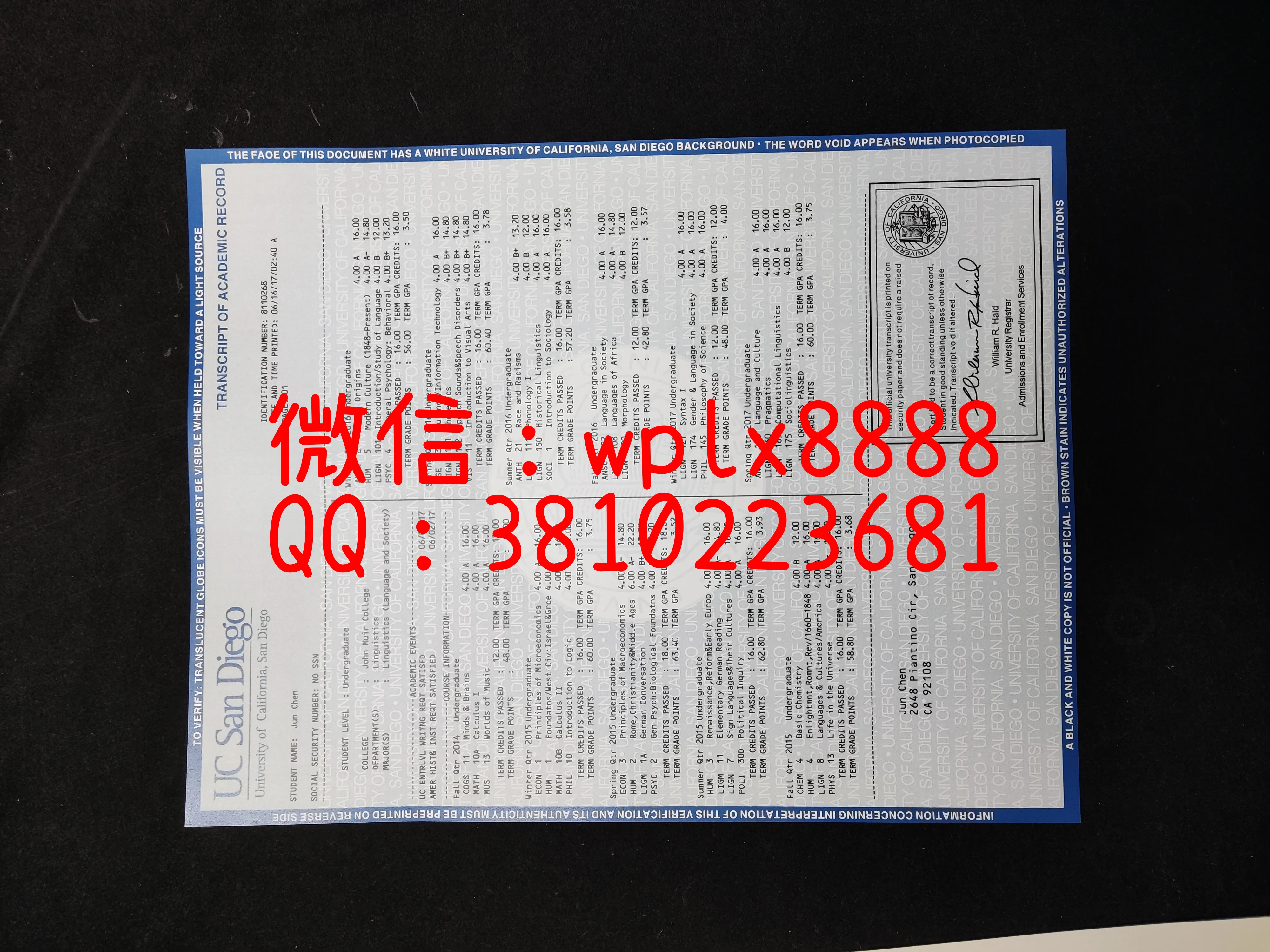 美国加州大学圣地亚哥分校-成绩单成品1