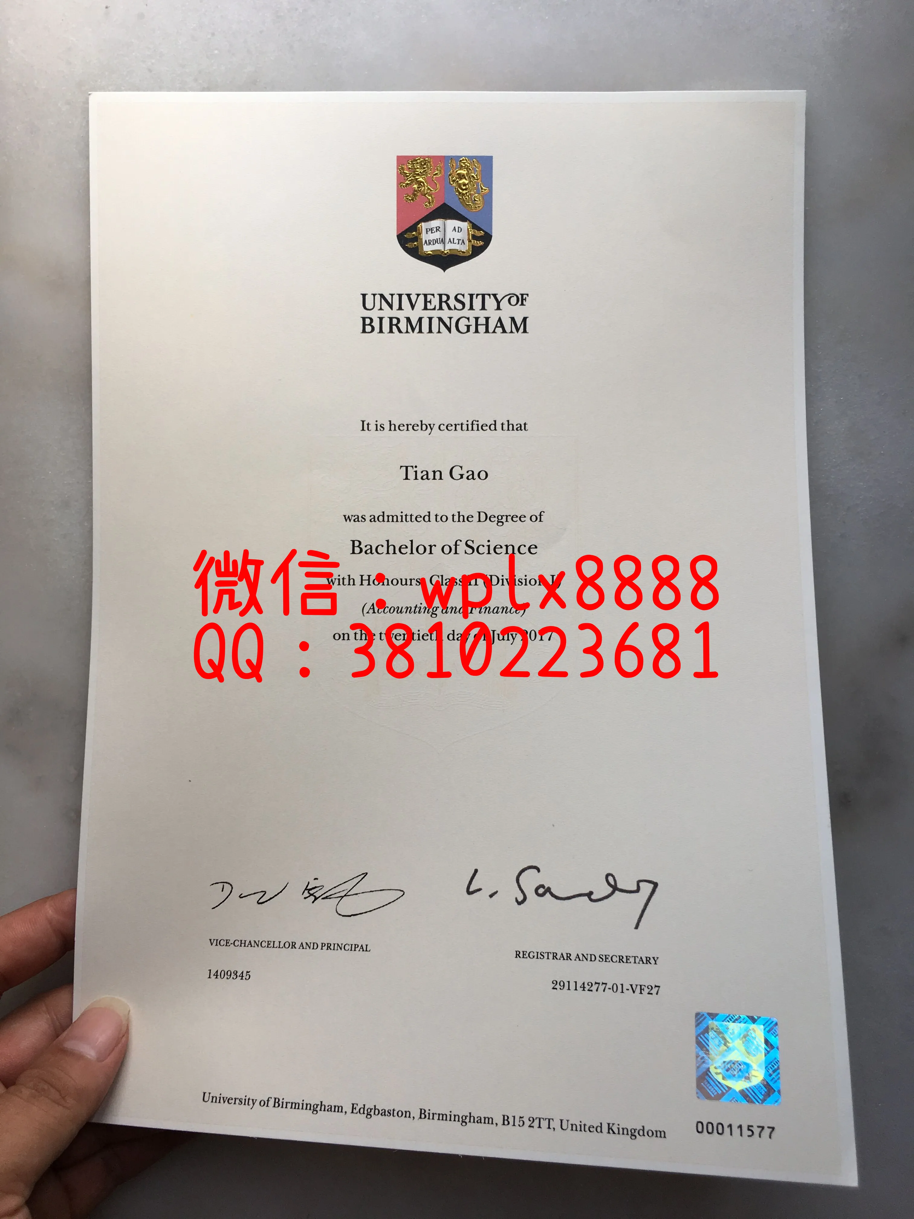 伯明翰大学毕业证书-成品